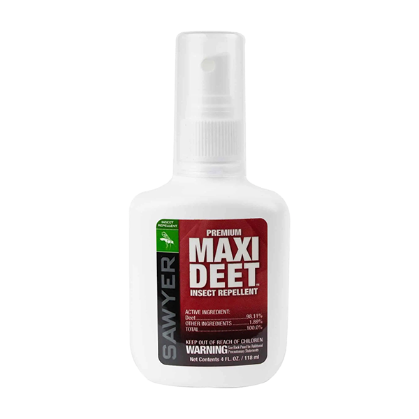 A bottle of Sawyer premium maxi deet insect repellent
