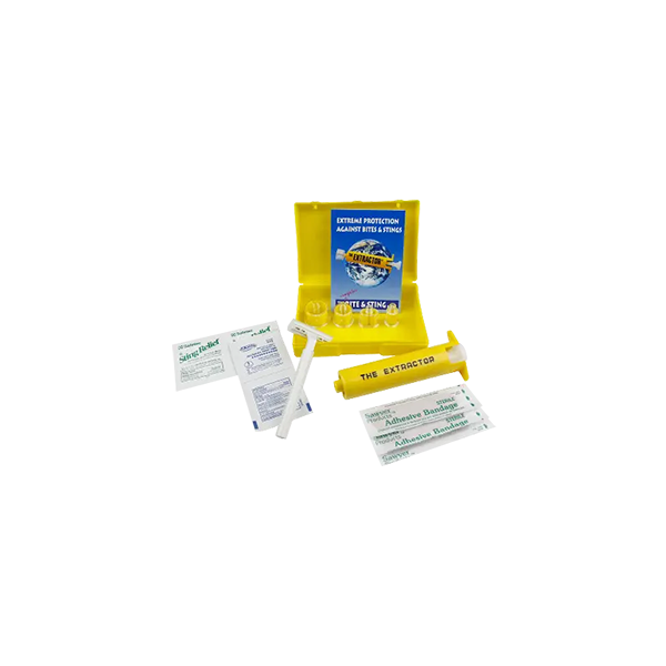 A razor, bandages, sting wipe pads and the extractor and extractor pump kit container