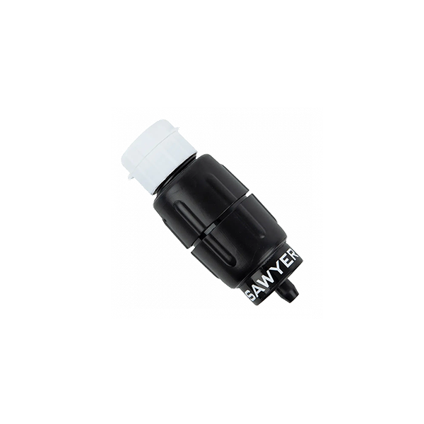 A black Sawyer micro squeeze water filter with a white cap