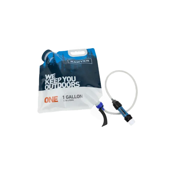 A Sawyer one gallon gravity water filtration system with pouch, filter hose, and dual threaded mini water filter