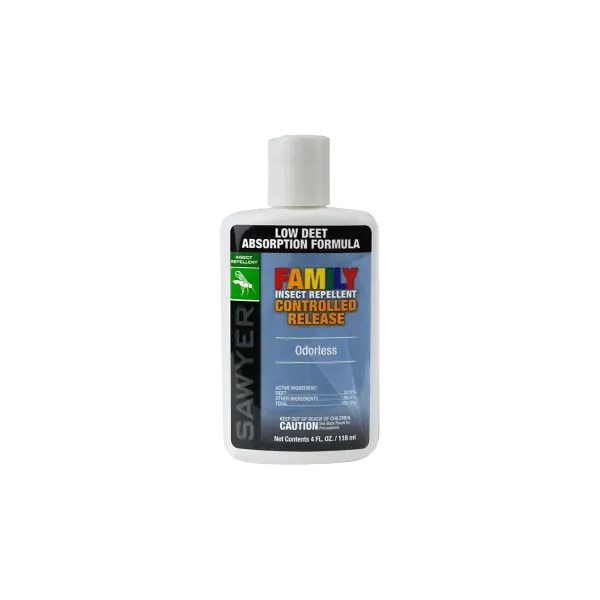 A bottle of Sawyer family insect repellent controlled release lotion