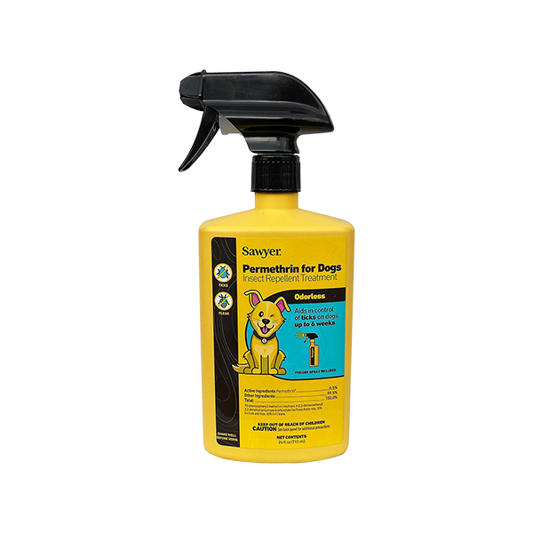 A trigger spray bottle of Sawyer Permethrin for dogs insect repellent treatment