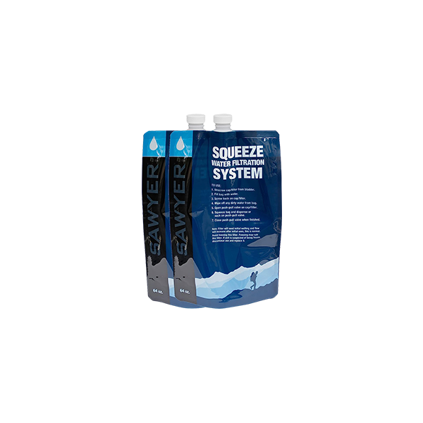 Two 64 ounce Sawyer squeeze water filtration pouches