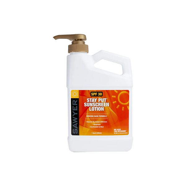 A dispensing jug of Sawyer Stay Put Sunscreen SPF 30 lotion