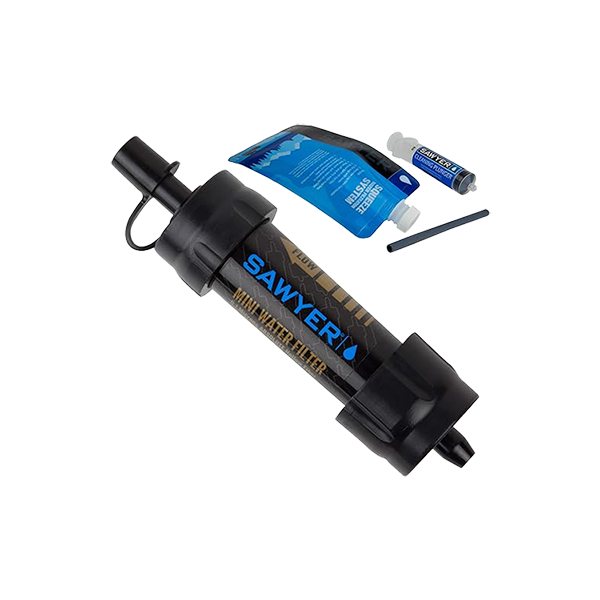 A black Sawyer Products mini water filter with a squeeze pouch, straw and a cleaning plunger