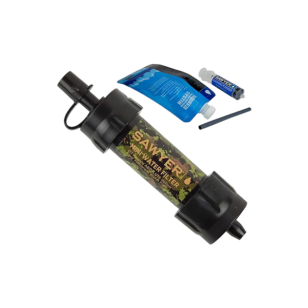A camouflage pattern Sawyer Products mini water filter with a squeeze pouch, straw and a cleaning plunger