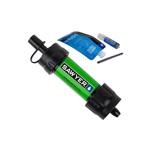 A green Sawyer Products mini water filter with a squeeze pouch, straw and cleaning plunger
