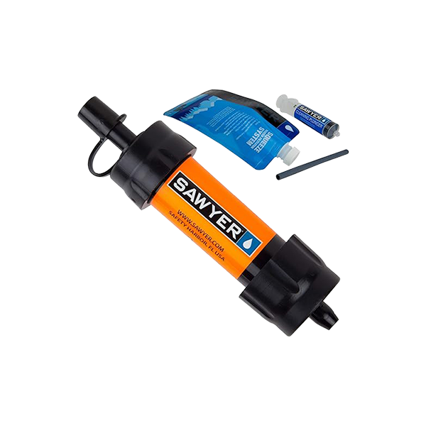 A orange Sawyer Products mini water filter with a squeeze pouch, straw and a cleaning plunger