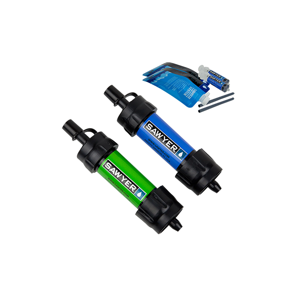 Two Sawyer mini water filters, green and blue, with two squeeze pouches, two straws and two cleaning plungers