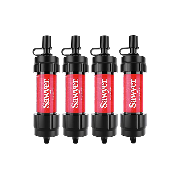 Four red Sawyer mini water filters