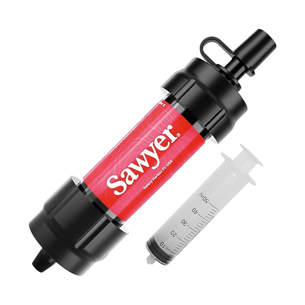 A single red Sawyer mini water filter with a cleaning syringe
