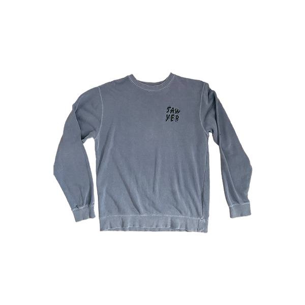 A blue gray crew neck sweatshirt with Sawyer logo on front