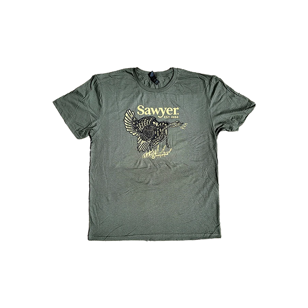 A green t-shirt with Sawyer logo and a turkey illustration