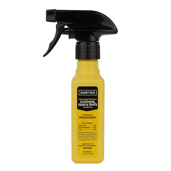 A trigger spray bottle of Sawyer premium permethrin insect repellent for clothing gear and tents