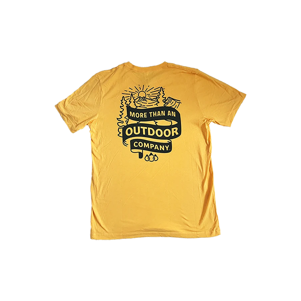 A yellow t-shirt with more than an outdoor company illustration on back