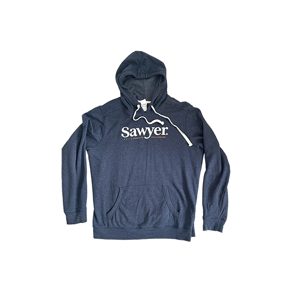 A blue gray hoodie with Sawyer logo on front