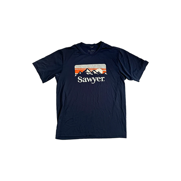 A blue gray t-shirt with Sawyer logo and mountain image