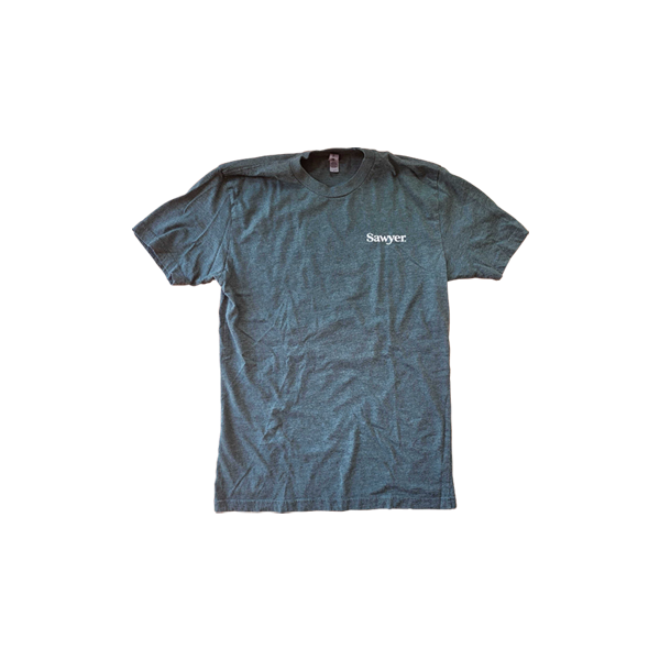 A green t-shirt with sawyer logo on the front