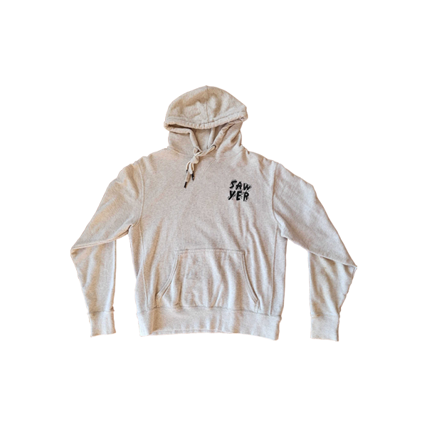 A oatmeal colored hoodie with Sawyer logo on front