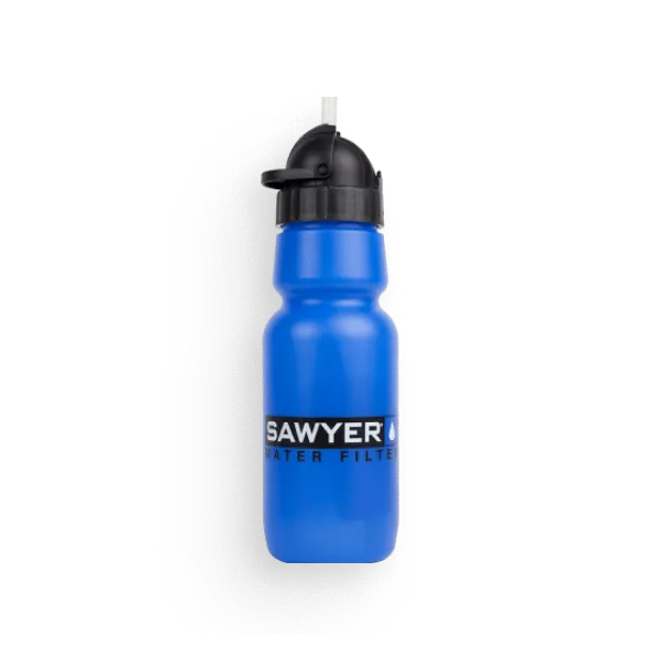 A blue Sawyer water filter bottle with a black lid